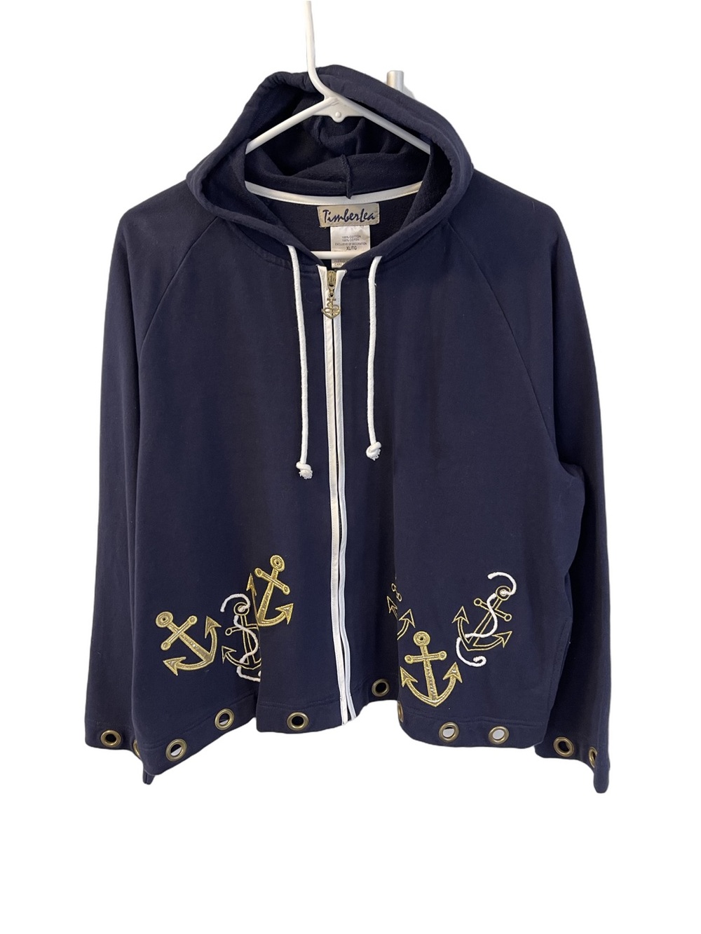 Vintage Timberlea Navy Zip Hoodie Embroidered Gold Anchors w/Grommet Details XL